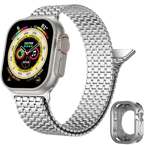 Upeak Edelstahl Armband Kompatibel mit Apple Watch Ultra Armband 49mm für Herren Damen, Starkes Magnetisches Metall Loop Ersatzband mit Hülle für iWatch Ultra 2 & Ultra, Silber von Upeak