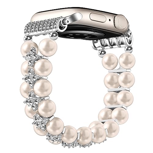Upeak Perlenarmband Kompatibel mit Apple Watch Armband 44mm 45mm 42mm, Glitzer Strass Diamant Dehnbares Handgefertigtes Perlen Ersatzband für Damen, für iWatch Armband SE Series 9 8 7 6 5 3,Polarstern von Upeak