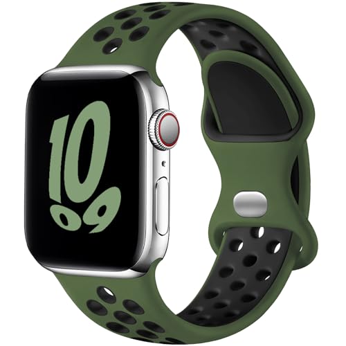 Upeak Sport Armband Kompatibel mit Apple Watch Armband 40mm 41mm 38mm 44mm 45mm 49mm 42mm, Atmungsaktiv Silikon Doppelloch Band, für iWatch Ultra SE Series 9 8 7 6 5 4 3 2, L, Armee-Grün/Schwarz von Upeak