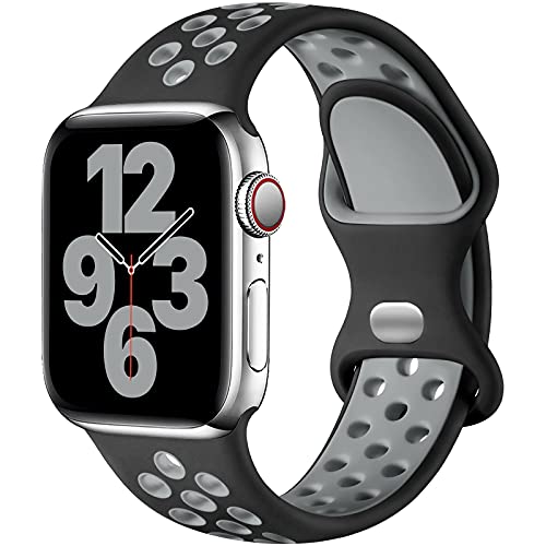 Upeak Sport Armband Kompatibel mit Apple Watch Armband 40mm 41mm 38mm 44mm 45mm 49mm 42mm, Atmungsaktiv Silikon Doppelloch Band, für iWatch Ultra SE Series 9 8 7 6 5 4 3 2, L, Schwarz/Grau von Upeak