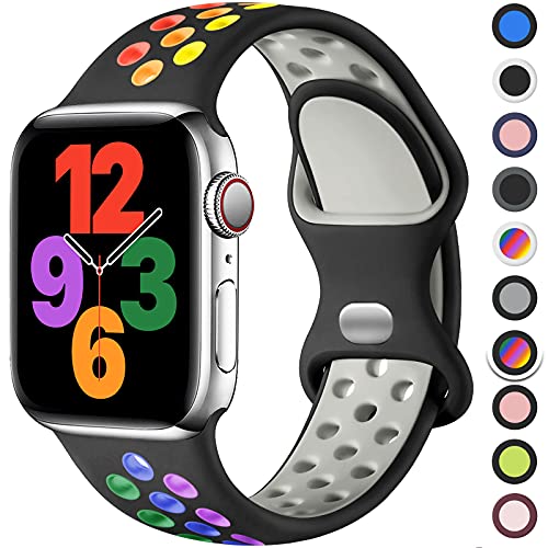 Upeak Sport Armband Kompatibel mit Apple Watch Armband 40mm 41mm 38mm 44mm 45mm 49mm 42mm, Atmungsaktiv Silikon Doppelloch Band, für iWatch Ultra SE Series 9 8 7 6 5 4 3 2, L, Schwarz/Regenbogen von Upeak