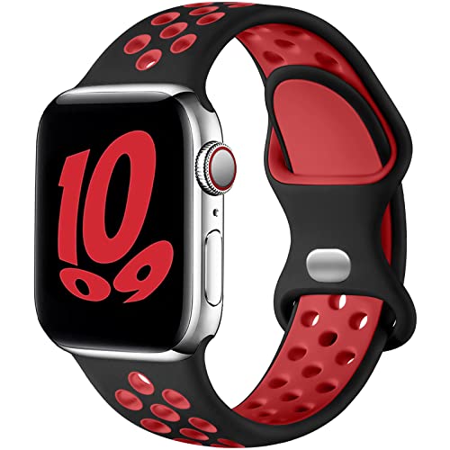 Upeak Sport Armband Kompatibel mit Apple Watch Armband 40mm 41mm 38mm 44mm 45mm 49mm 42mm, Atmungsaktiv Silikon Doppelloch Band, für iWatch Ultra SE Series 9 8 7 6 5 4 3 2, L, Schwarz/Rot von Upeak