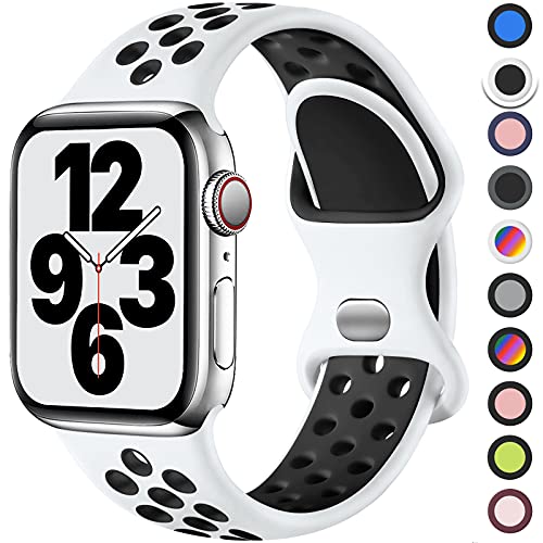 Upeak Sport Armband Kompatibel mit Apple Watch Armband 40mm 41mm 38mm 44mm 45mm 49mm 42mm, Atmungsaktiv Silikon Doppelloch Band, für iWatch Ultra SE Series 9 8 7 6 5 4 3 2, L, Weiß/Schwarz von Upeak