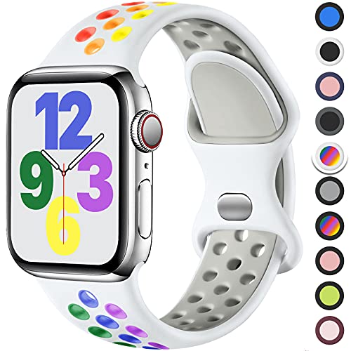 Upeak Sport Armband Kompatibel mit Apple Watch Armband 40mm 41mm 38mm 44mm 45mm 49mm 42mm 46mm, Atmungsaktiv Silikon Doppelloch Band für iWatch Ultra SE Series 10 9 8 7 6 5 4 3 2, S, Weiß/Regenbogen von Upeak