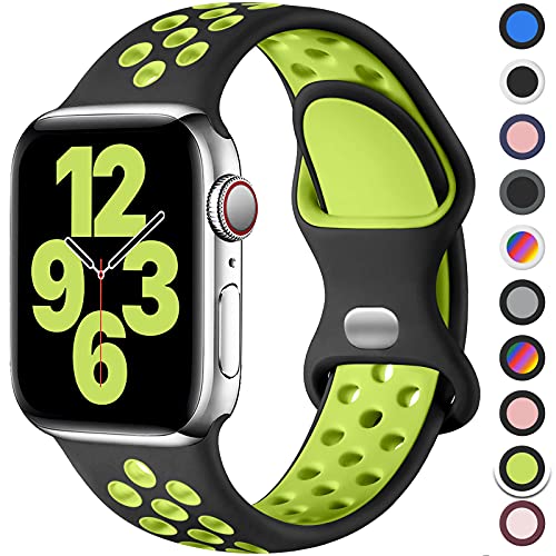 Upeak Sport Armband Kompatibel mit Apple Watch Armband 44mm 45mm 49mm 42mm 40mm 41mm 38mm, Atmungsaktiv Silikon Doppelloch Band, für iWatch Ultra SE Series 9 8 7 6 5 4 3 2, L, Schwarz/Grün von Upeak