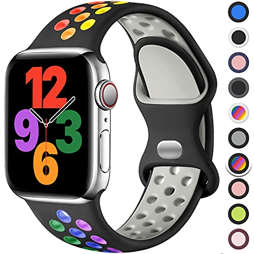 Upeak Sport Armband Kompatibel mit Apple Watch Armband 44mm 45mm 49mm 46mm 42mm 40mm 41mm 38mm, Atmungsaktiv Silikon Doppelloch Band für iWatch Ultra SE Series 10 9 8 7 6 5 4 3 2,L, Schwarz/Regenbogen von Upeak