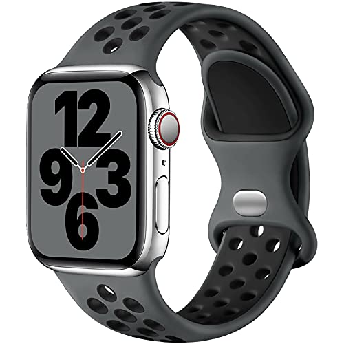 Upeak Sport Armband Kompatibel mit Apple Watch Armband 44mm 45mm 49mm 42mm 40mm 41mm 38mm, Atmungsaktiv Silikon Doppelloch Band, für iWatch Ultra SE Series 9 8 7 6 5 4 3 2, S, Holzkohle/Schwarz von Upeak