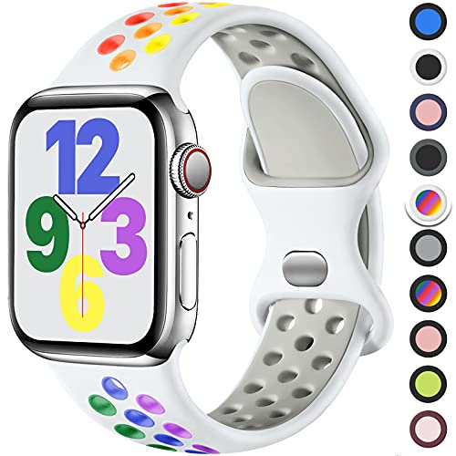 Upeak Sport Armband Kompatibel mit Apple Watch Armband 44mm 45mm 49mm 42mm 40mm 41mm 38mm, Atmungsaktiv Silikon Doppelloch Band, für iWatch Ultra SE Series 9 8 7 6 5 4 3 2, S, Weiß/Regenbogen von Upeak