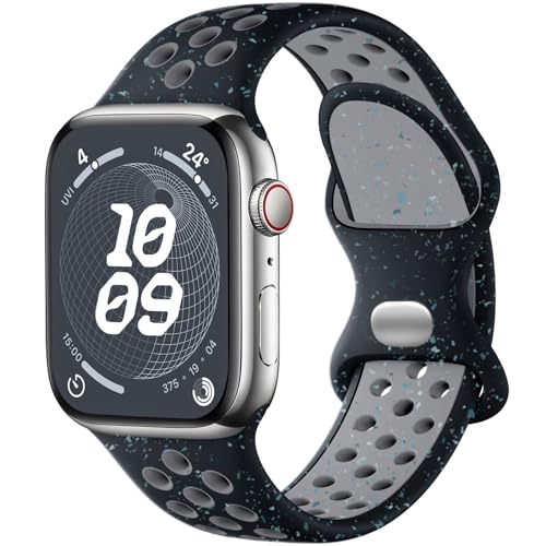 Upeak Sportarmband Kompatibel mit Apple Watch Armband 41mm 40mm 38mm, Atmungsaktiv Silikon Apfelband mit Bunte Flocken, für iWatch Armband Ultra 2 SE Series 9 8 7 6 5 4 3 2 1, S, Schwarz/Grau von Upeak