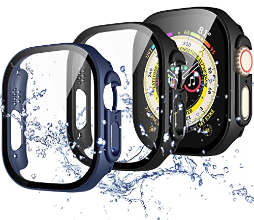 Upeak Wasserdichtes Schutzhülle Displayschutz für Apple Watch Ultra/Ultra 2 49mm Hülle, Hartes PC Gehäuse Case Cover Schutz mit Panzerglas für iWatch Ultra/Ultra 2, 3 Stück, Schwarz/Schwarz/Blau von Upeak