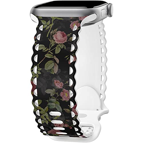 Blumen Spitzen Armband Kompatibel mit Apple Watch Armband 40mm 41mm 38mm 44mm 45mm 42mm für Damen, Floral Lace Hohl Silikon Sport Ersatzarmbänder für iWatch Series SE Ultra 9 8 7 6 5 4 3 -Rosa Rose 38 von UpfurMach