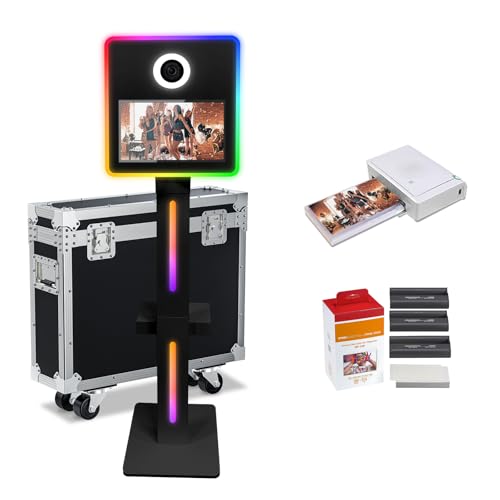 Uphith DSLR Photo Booth Machine 15.6 Zoll Selfie Portable Touchscreen Kamera Photobooth mit Flight Case，White Photo Booth mit RGB Licht für Hochzeit Party Events (Black, 15.6 Inch+Mini Printer) von Uphith