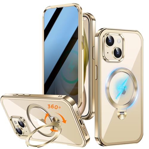Upholyee [360° drehbarer CD-Ständer & integrierter Sichtschutz magnetische Hülle für iPhone 15 [Kompatibel mit MagSafe & Full Signal] Mil-Grade Stoßfest Ganzkörper Anti-Spy Cover für 15-Gold von Upholyee