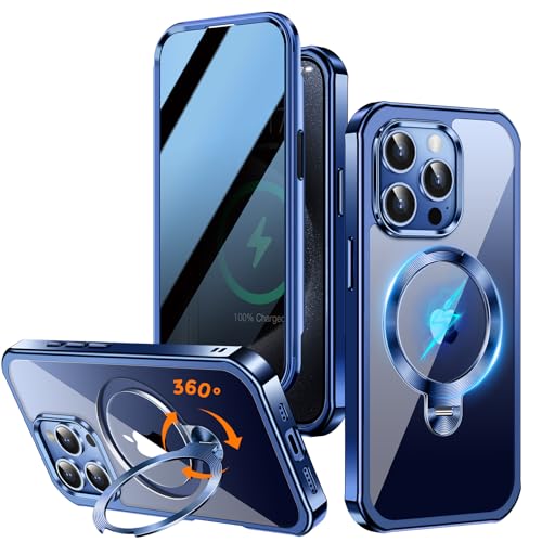 Upholyee [360° drehbarer CD-Ständer & integrierter Sichtschutz magnetische Hülle für iPhone 15 Pro [Kompatibel mit MagSafe & Full Signal] Mil-Grade Stoßfest Ganzkörper Anti-Spy Cover für 15 Pro Blau von Upholyee