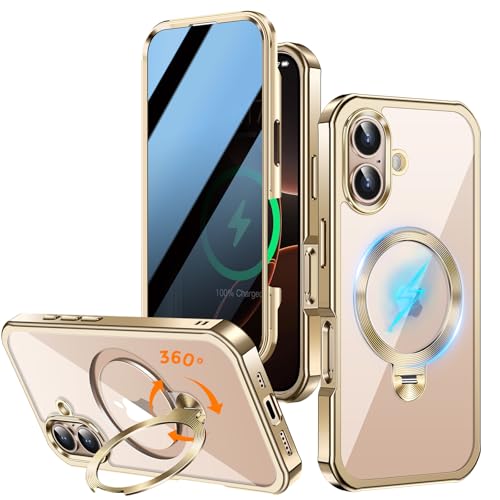Upholyee [360° drehbarer CD-Ständer & integrierter Sichtschutz magnetische Hülle für iPhone 16 [Kompatibel mit MagSafe & Full Signal] Mil-Grade Stoßfest Ganzkörper Anti-Spy Cover für 16-Gold von Upholyee
