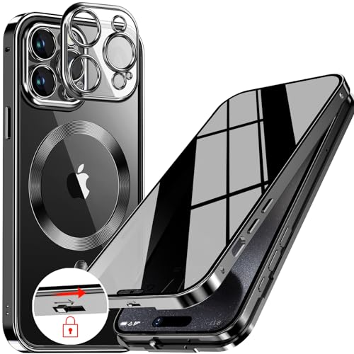 Upholyee [CD Metallring & Automatisches Pop-up Schloss Magnetische Privatsphäre Hülle für iPhone 15 Pro [Kompatibel mit MagSafe] [Integrierter Objektivschutz] Ganzkörper Bumper Cover mit Eingebautem von Upholyee