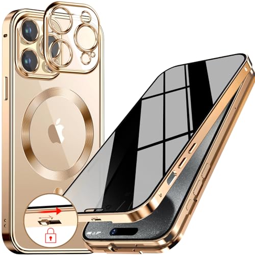 Upholyee [CD Metallring & Automatisches Pop-up Schloss Magnetische Privatsphäre Hülle für iPhone 15 Pro [Kompatibel mit MagSafe] [Integrierter Objektivschutz] Ganzkörper Bumper Cover mit Eingebautem von Upholyee