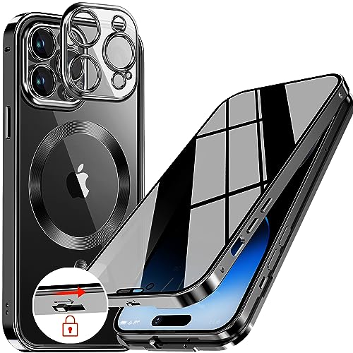 Upholyee CD-Metallring & Sicherheitsschloss, Ganzkörper-Privatsphäre-Hülle für iPhone 14 Pro, kompatibel mit MagSafe, integrierter Objektivschutz, schlanker Metallüberzug, transparent, doppelseitig, von Upholyee