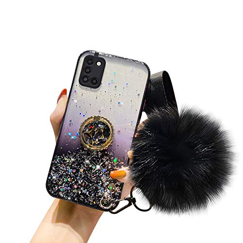 Kompatibel mit Samsung Galaxy A31 Hülle Glänzend Glitzer Strass Bling Sterne TPU Silikon Handy Hülle Durchsichtig Ultradünn Schutzhülle Diamant Ring Ständer Haarball Anhänger,Schwarz von Uposao