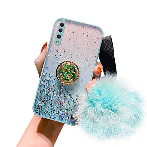 Kompatibel mit Samsung Galaxy A50 Hülle Glänzend Glitzer Strass Bling Sterne TPU Silikon Handy Hülle Durchsichtig Ultradünn Schutzhülle Diamant Ring Ständer Haarball Anhänger,Grün von Uposao