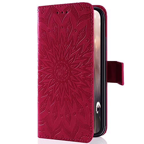 Uposao Handyhülle für Samsung Galaxy A5 2015 Leder Tasche Schutzhülle Brieftasche Handytasche Retro Vintage Henna Mandala Blumen Ledertasche Lederhülle Klapphülle Case Flip Cover,Rose Rot von Uposao