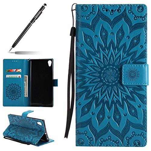 Uposao Handyhülle für Sony Xperia XA1 Ultra Leder Tasche Schutzhülle Handytasche Mandala Blumen Prägung Muster Ledertasche Lederhülle Bookstyle Klapphülle Flip Cover mit Kartenfach,Blau von Uposao