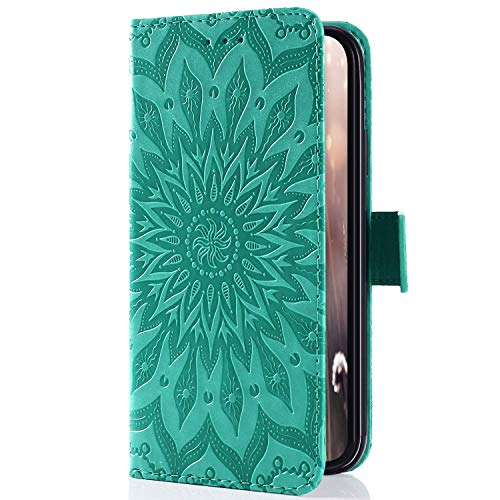 Uposao Handyhülle für iPhone SE/iPhone 5S Leder Tasche Schutzhülle Handy Tasche Luxus Schöne Mandala Blumen Muster Ledertasche Leder Hülle Bookstyle Klapphülle Flip Case Cover,Grün von Uposao