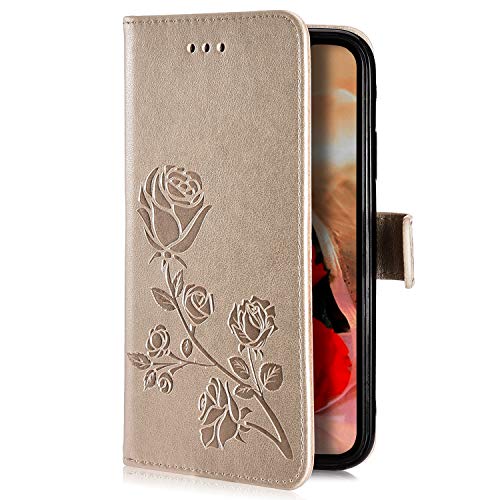 Uposao Kompatibel mit Huawei Honor 6X Handyhülle Handytasche Rose Blumen Muster Leder Wallet Schutzhülle Brieftasche Hülle Klapphülle Brieftasche Tasche Flip Case Kartenfächer,Gold von Uposao