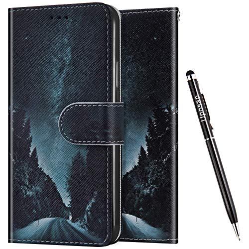 Uposao Kompatibel mit Huawei P Smart 2018 Hülle Leder Handyhülle Schutzhülle Bunt Cartoon Muster Flip Wallet Bookstyle Case Tasche Lederhülle Klapphülle Magnet Kartenfächer,Nacht von Uposao