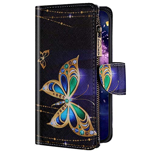 Uposao Kompatibel mit Huawei P30 Lite Hülle Geldbörse mit Reißverschluss Handyhülle Bunt Retro Muster Klapphülle Flip Case Cover Schutzhülle Lederhülle Kartenfächer Magnet,Schmetterling von Uposao