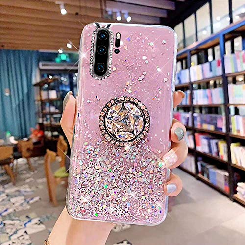 Uposao Kompatibel mit Huawei P30 Pro Hülle Glitzer Silikon Handyhülle mit Ring Halter Ständer Schutzhülle für Mädchen Glänzend Bling Strass Diamant Transparent TPU Handyhülle,Rosa von Uposao