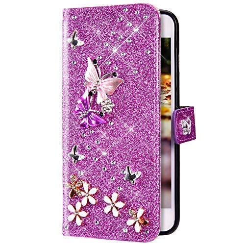 Uposao Kompatibel mit Huawei P40 Lite Hülle Schmetterling Blume Diamant Strass Bling Glitzer Handy Hülle Leder Wallet Schutzhülle Brieftasche Hülle Klapphülle Tasche Kartenfächer,Lila von Uposao