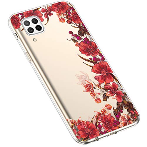 Uposao Kompatibel mit Huawei P40 Lite Hülle Silikon Schutzhülle Bunt Retro Muster Durchsichtig Case Klar Transparent TPU Tasche Handyhülle Anti-Kratzer Stoßfest,Pink Rose Blumen von Uposao