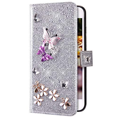 Uposao Kompatibel mit Samsung Galaxy A20e Hülle Schmetterling Blume Diamant Strass Bling Glitzer Handy Hülle Leder Wallet Schutzhülle Brieftasche Hülle Klapphülle Tasche Kartenfächer,Silber von Uposao