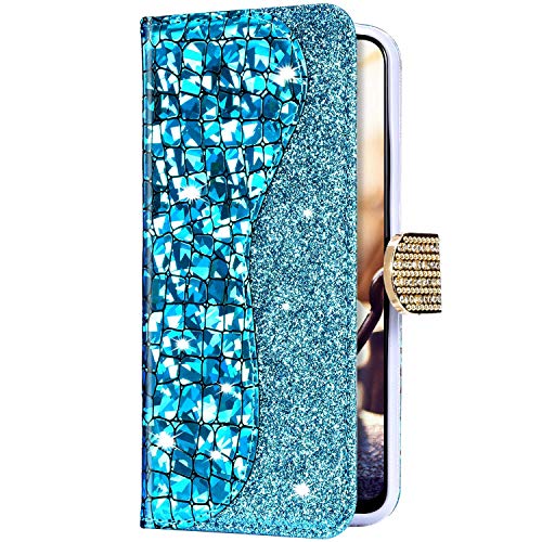Uposao Kompatibel mit Samsung Galaxy A3 2017 Hülle Glitzer 3D Bling Strass Diamant Brieftasche Schutzhülle Leder Handyhülle Tasche Wallet Flip Case Cover Klapphülle Magnetisch Kartenfach,Blau von Uposao