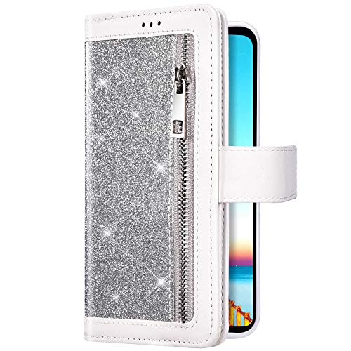 Uposao Kompatibel mit Samsung Galaxy A40 Handyhülle Leder Bling Glitzer Reißverschluss Multifunktionale Schutzhülle 9 Kartenfächer Brieftasche Flip Case Bookstyle Handytasche,Silber von Uposao