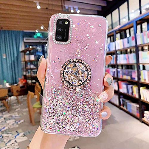 Uposao Kompatibel mit Samsung Galaxy A41 Hülle Glitzer Silikon Handyhülle mit Ring Halter Ständer Schutzhülle für Mädchen Glänzend Bling Strass Diamant Transparent TPU Handyhülle,Rosa von Uposao