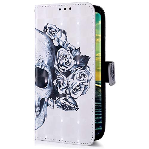 Uposao Kompatibel mit Samsung Galaxy A50 Handyhülle Glitzer Bling 3D Bunt Leder Hülle Flip Schutzhülle Handytasche Brieftasche Wallet Bookstyle Case Magnet Ständer Kartenfach,Totenkopf von Uposao