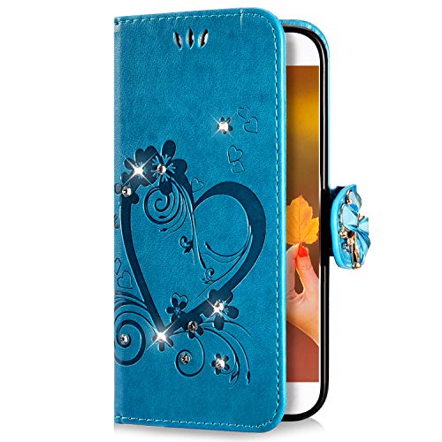 Uposao Kompatibel mit Samsung Galaxy A50 Handyhülle Schmetterling Liebe Blumen Muster Diamant Bling Glitzer Strass Schutzhülle Flip Case Handytasche Wallet Hülle Bookstyle Klapphülle,Blau von Uposao