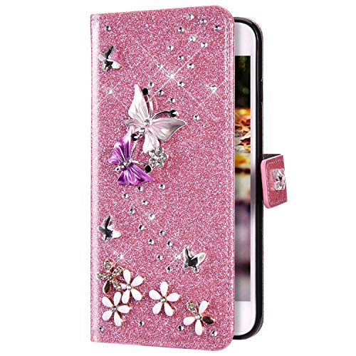 Uposao Kompatibel mit Samsung Galaxy A51 Hülle Schmetterling Blume Diamant Strass Bling Glitzer Handy Hülle Leder Wallet Schutzhülle Brieftasche Hülle Klapphülle Tasche Kartenfächer,Rosa von Uposao