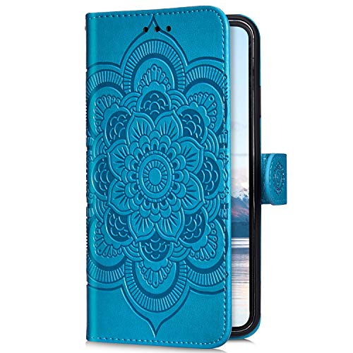 Uposao Kompatibel mit Samsung Galaxy A6 Plus 2018 Handyhülle Mandala Blumen Muster Handy Schutzhülle Ledertasche Flip Case Handytasche Wallet Hülle Bookstyle Klappbar Lederhülle Magnetisch,Blau von Uposao