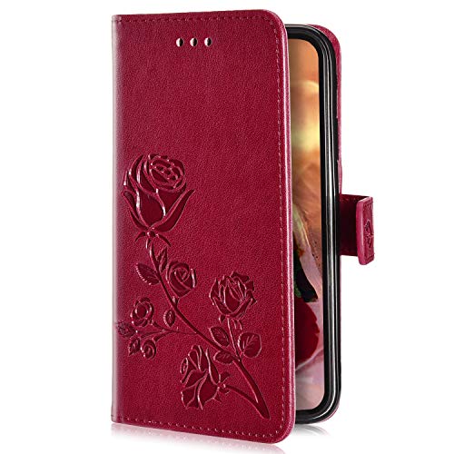 Uposao Kompatibel mit Samsung Galaxy A7 2018 Handyhülle Handytasche Rose Blumen Muster Schutzhülle Flip Case Brieftasche Klapphülle Wallet Leder Hülle Cover Tasche Ständer Ledertasche,Rot von Uposao