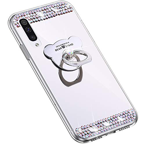 Uposao Kompatibel mit Samsung Galaxy A70 Hülle Glitzer Diamant Glänzend Strass Spiegel Mirror Handyhülle mit Handy Ring Ständer Schutzhülle Transparent TPU Silikon Hülle Tasche,Silber von Uposao