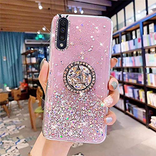 Uposao Kompatibel mit Samsung Galaxy A70 Hülle Glitzer Silikon Handyhülle mit Ring Halter Ständer Schutzhülle für Mädchen Glänzend Bling Strass Diamant Transparent TPU Handyhülle,Rosa von Uposao