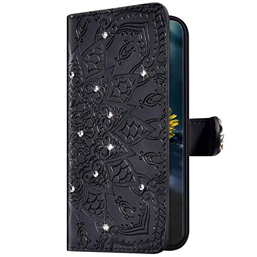 Uposao Kompatibel mit Samsung Galaxy J3 2017 Hülle Leder Schutzhülle Glitzer Bling Strass Diamant Mandala Blumen Flip Wallet Leder Tasche Case Handyhülle Klapphülle Magnet Kartenfach,Schwarz von Uposao