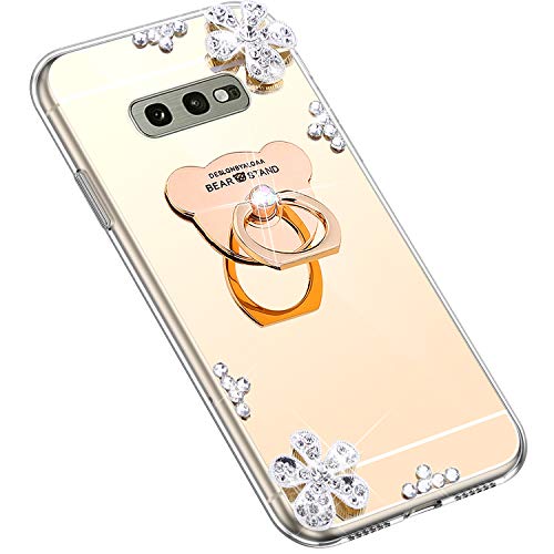 Uposao Kompatibel mit Samsung Galaxy S10e Hülle Silikon Spiegel Handyhülle Schutzhülle mit 360 Grad Ring Ständer Glitzer Kristall Strass Diamant Mädchen Handy Tasche Silikon Hülle Case,Gold von Uposao