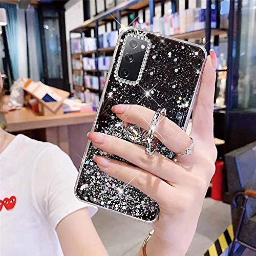 Uposao Kompatibel mit Samsung Galaxy S20 FE Hülle Glitzer Silikon Handyhülle mit Ring Halter Ständer Schutzhülle für Mädchen Glänzend Bling Strass Diamant Transparent TPU Handyhülle,Schwarz von Uposao