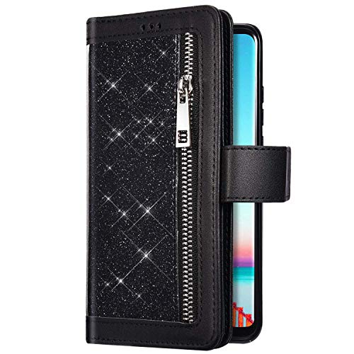 Uposao Kompatibel mit Samsung Galaxy S20 Plus Handyhülle Leder Bling Glitzer Reißverschluss Multifunktionale Schutzhülle 9 Kartenfächer Brieftasche Flip Case Bookstyle Handytasche,Schwarz von Uposao