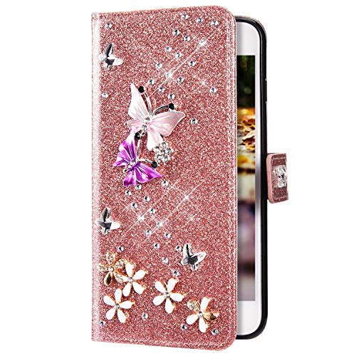 Uposao Kompatibel mit Samsung Galaxy S7 Hülle Leder Schutzhülle Glitzer Bling Strass Diamant Schmetterling Blumen Flip Wallet Leder Tasche Case Handyhülle Lederhülle Klapphülle,Rose Gold von Uposao