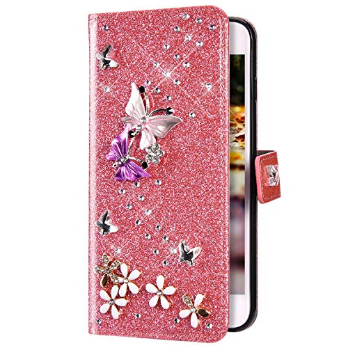 Uposao Kompatibel mit Samsung Galaxy S7 Hülle Schmetterling Blume Diamant Strass Bling Glitzer Handy Hülle Leder Wallet Schutzhülle Brieftasche Hülle Klapphülle Tasche Kartenfächer,Rosa von Uposao